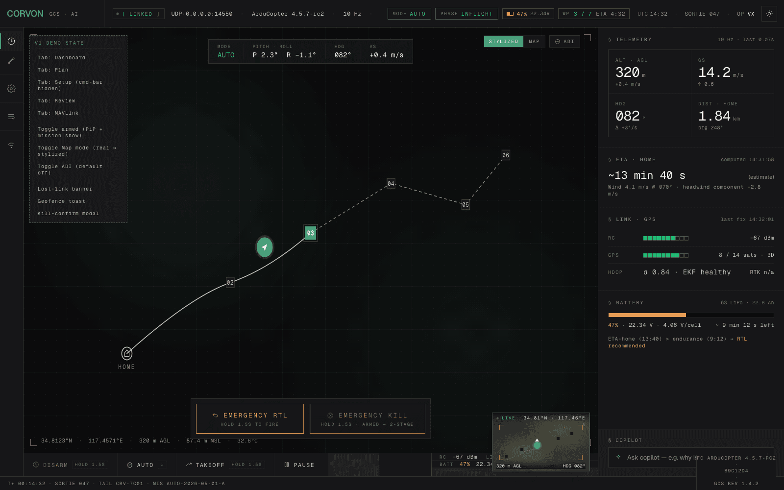 CORVON intelligent ground station dashboard — mission planning, telemetry, and post-flight review for ArduPilot and PX4 UAVs